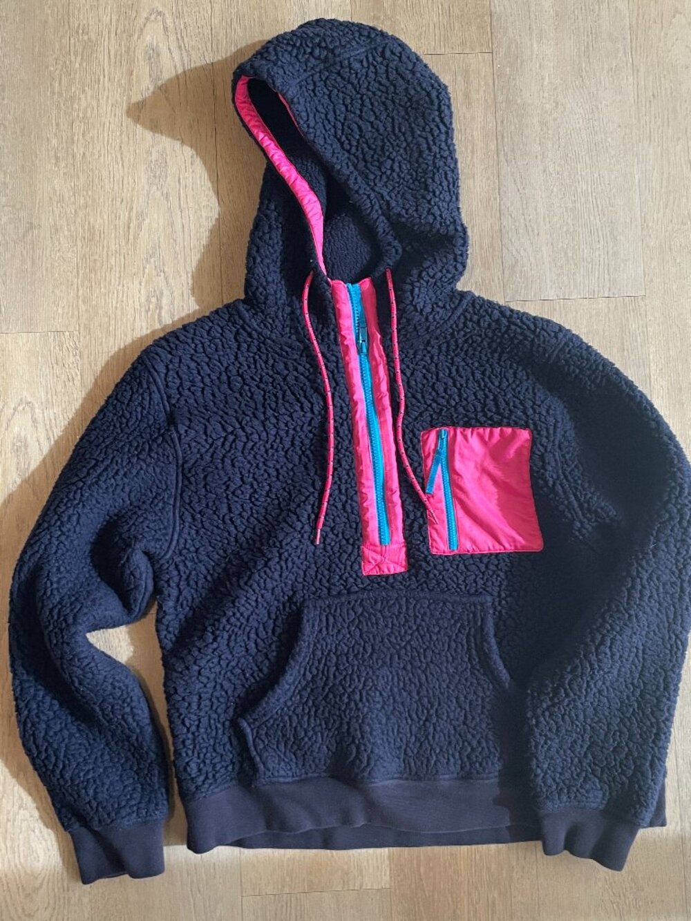 J. Crew Polartec Blue Pink Sherpa Fleece Half-Zip Pullover Hoodie